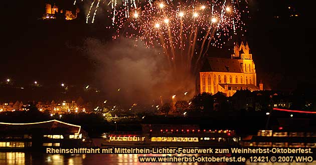 Firework display round boat trip Rhine River Lights, Golden wine autumn and Swimming Federweisser vintage festival on the Middle Rhine River in Germany