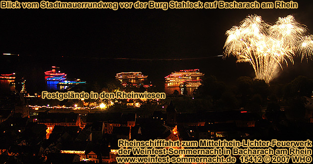 Firework display round boat trip Rhine River Lights, Wine festival summer night in Bacharach, Germany. 