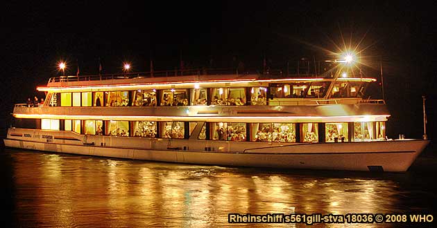 Firework round boat trip Rhine River Lights, red wine festival in Assmannshausen, Germany. 