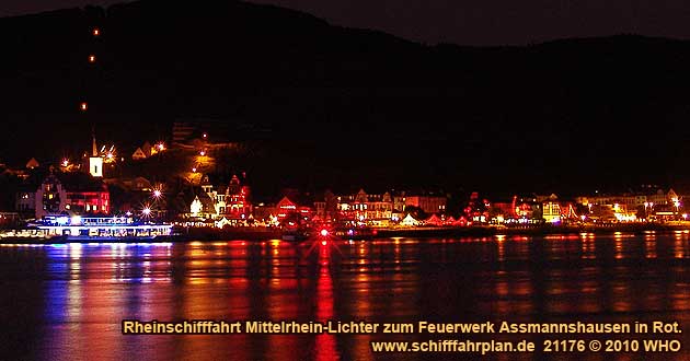 Firework display round boat trip Rhine River Lights, Red wine festival in Assmannshausen in Germany