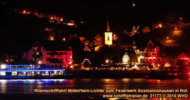 Firework display round boat trip Rhine River Lights, Red wine festival in Assmannshausen in Germany