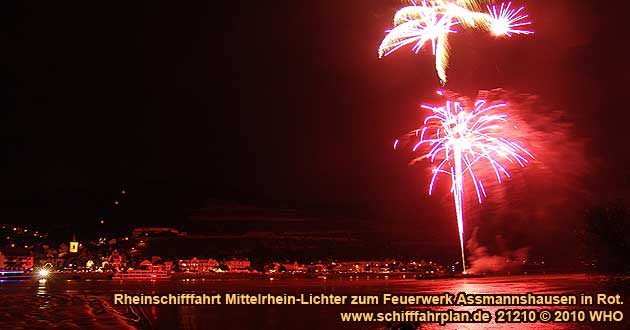 Firework display round boat trip Rhine River Lights, Red wine festival in Assmannshausen in Germany