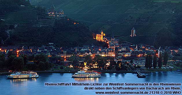 Firework display round boat trip Rhine River Lights, Wine festival summer night in Bacharach, Germany. 