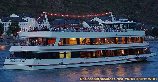 Firework display round boat trip Rhine River Lights, Wine festival summer night in Bacharach, Germany. 