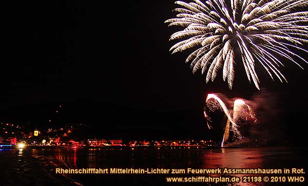 Firework display round boat trip Rhine River Lights, Red wine festival in Assmannshausen in Germany