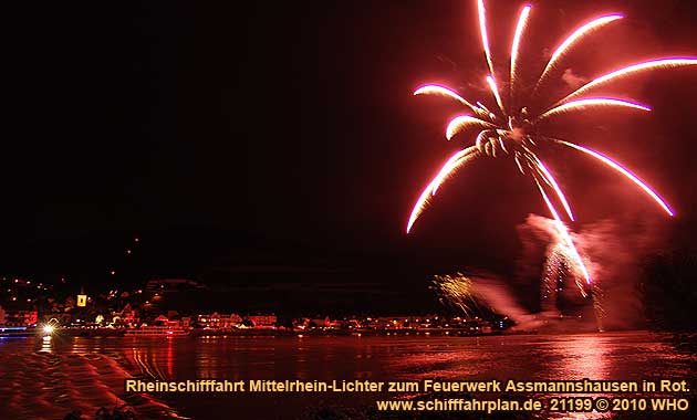 Firework display round boat trip Rhine River Lights, Red wine festival in Assmannshausen in Germany